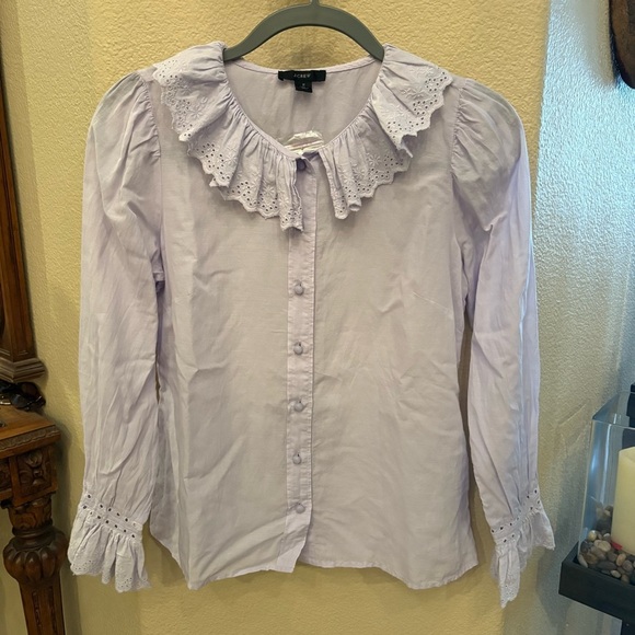 NWT~J. CREW Lavender Eyelet Ruffled Collar Cuffs Blouse Size 2 - Picture 1 of 10
